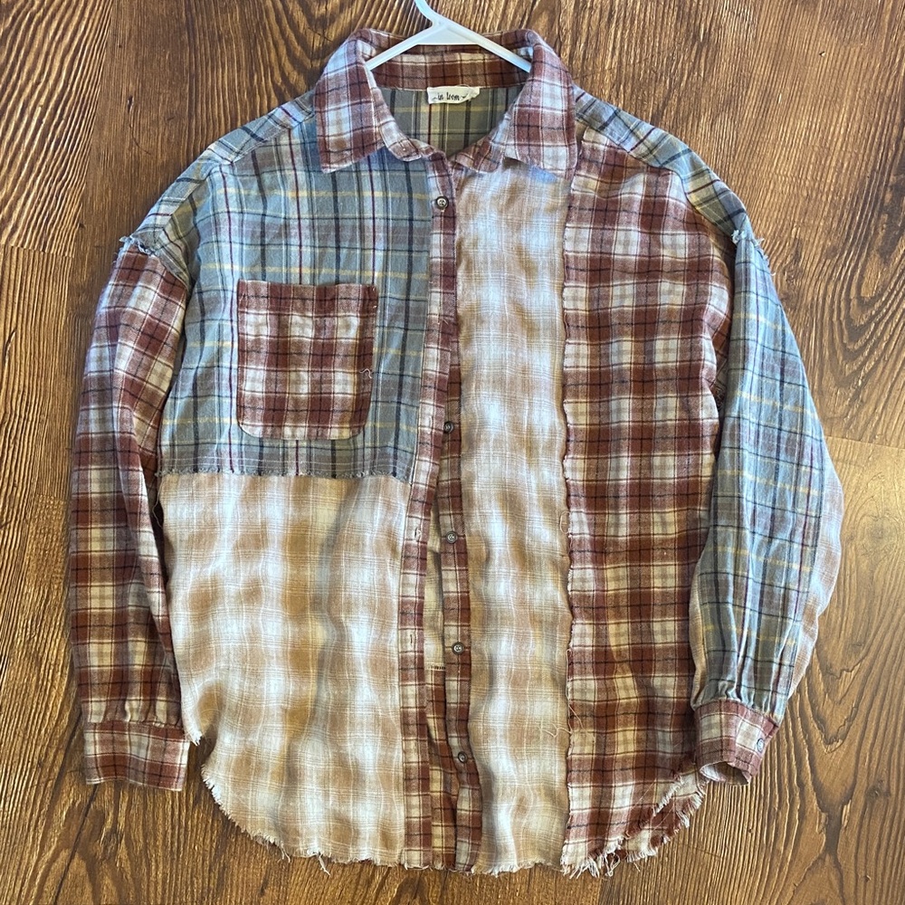 Plaid Patchwork Button-Up Shirt, boutique. Frayed… - image 4
